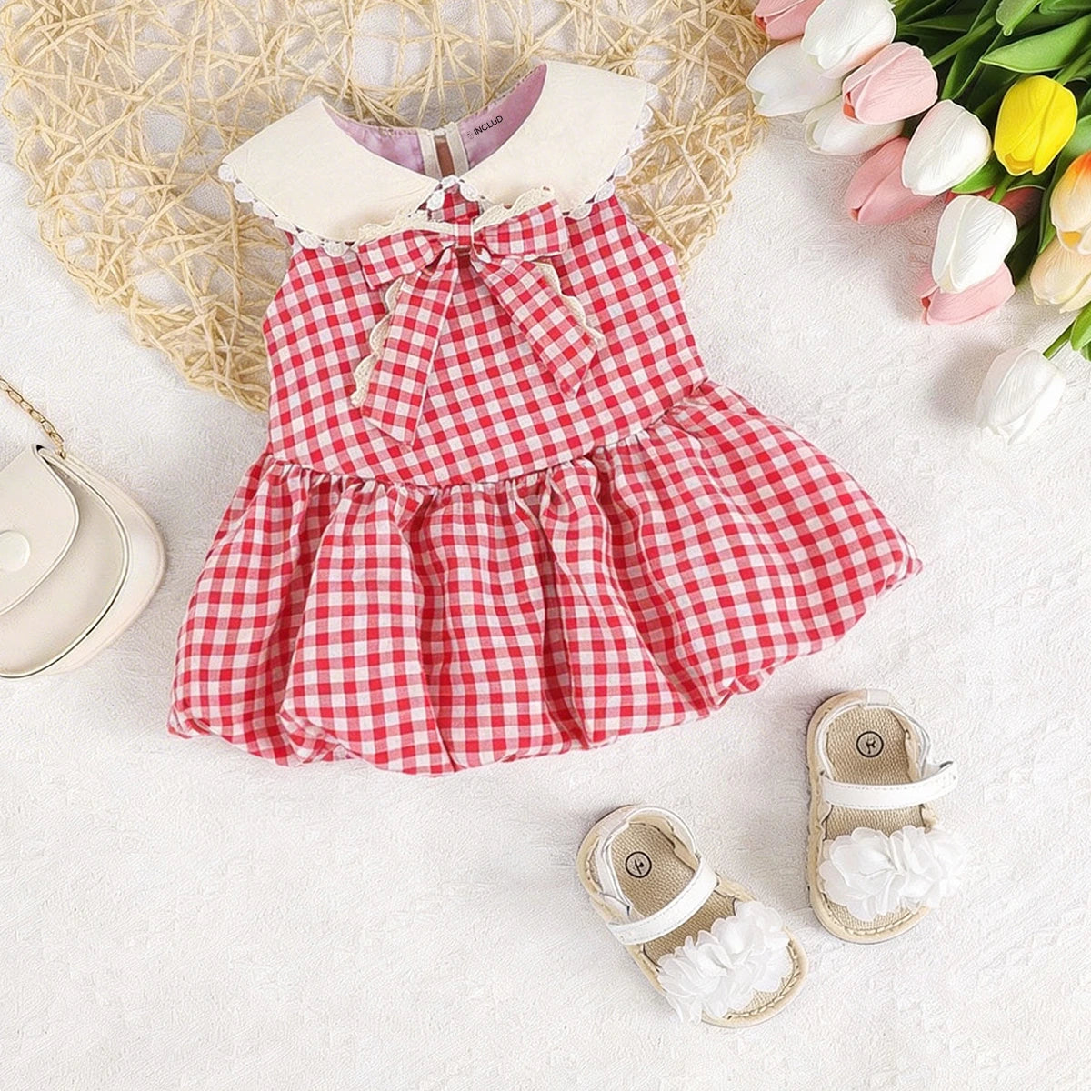 Girls Red Checked Fit & Flare Dress With Bubble Hemline Casual Dresses Red 1-2 Y