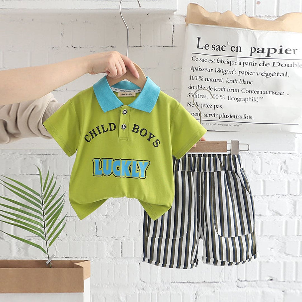 Boys Typography Print Polo T-Shirt With Striped Shorts