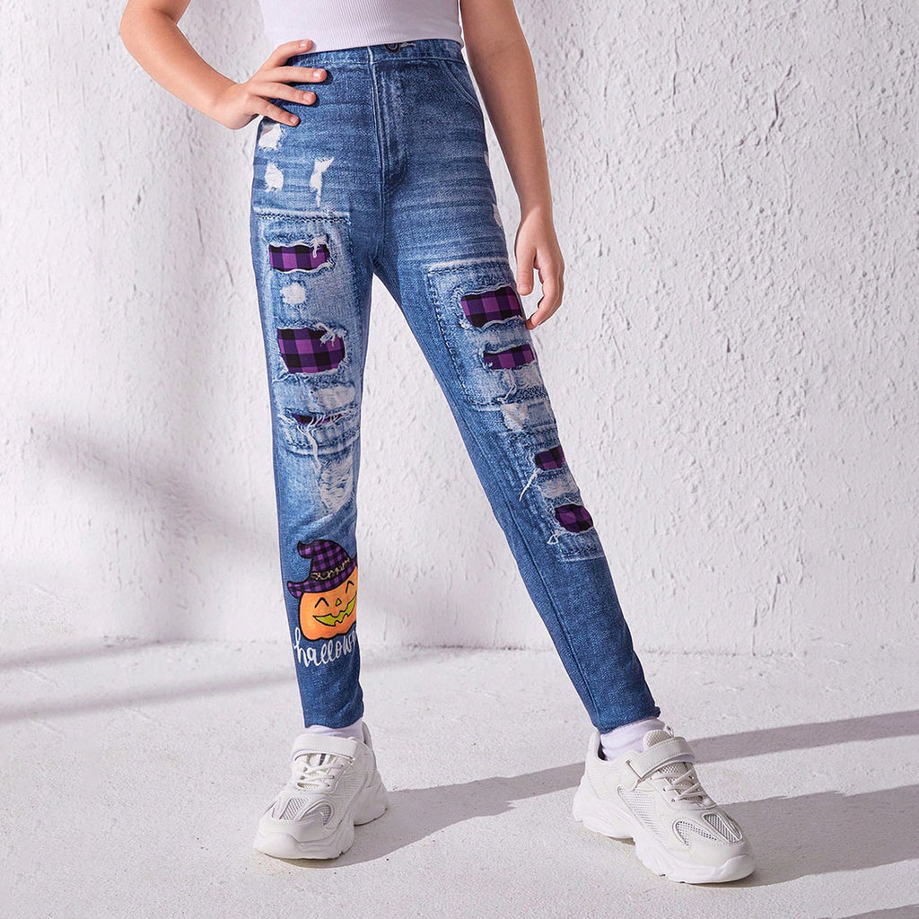Girls Blue Distressed Denim Look Leggings Leggings & Tights