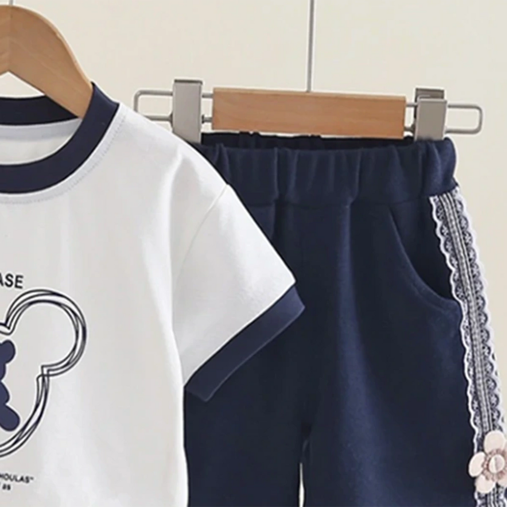 Girls Navy Blue Graphics Short Sleeves T-Shirt With Shorts Set Sets