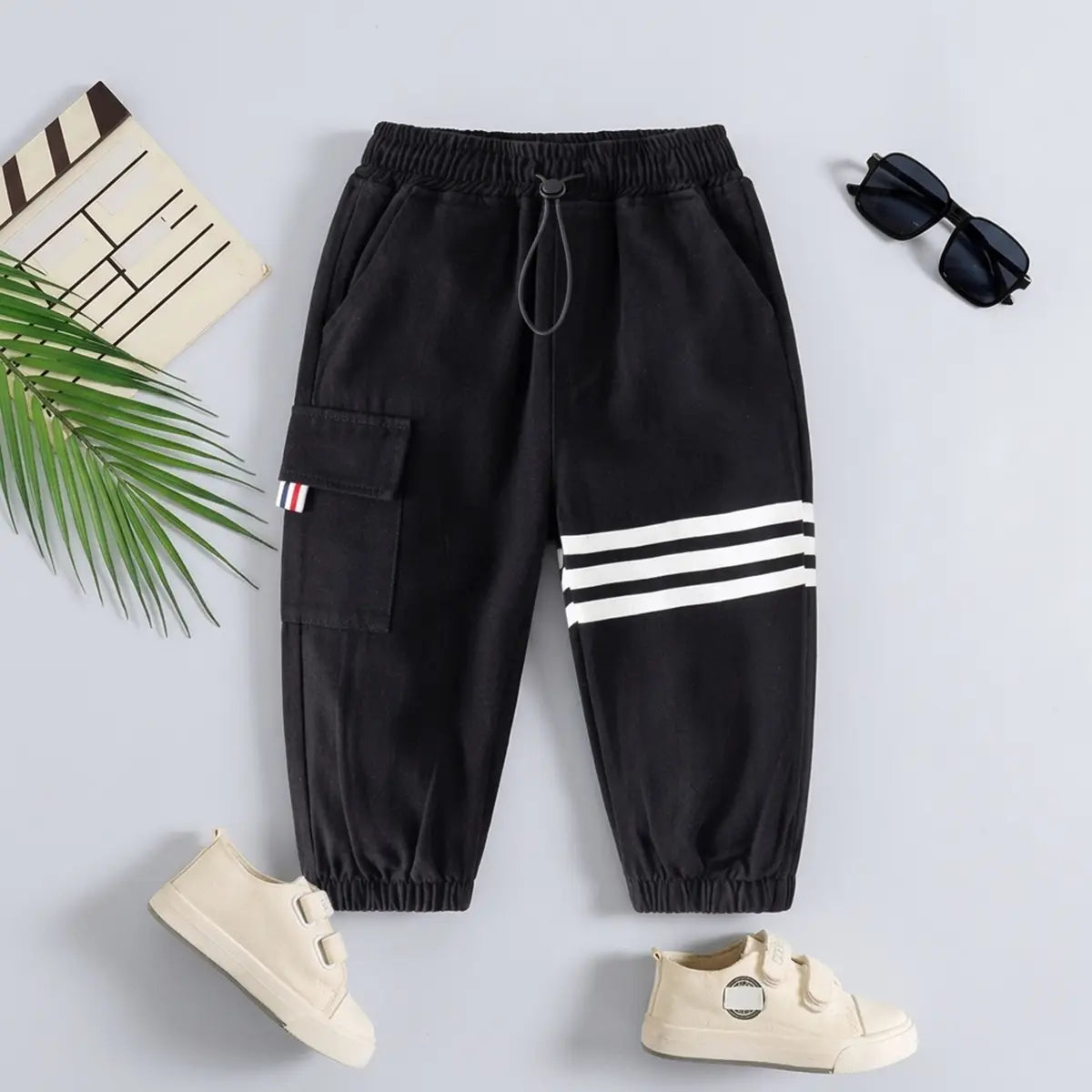 Boys Black Three Stripes Print Cargo Pants Pants Black 1-2 Y