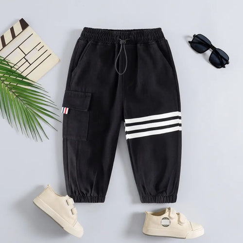 Boys Black Three Stripes Print Cargo Pants Pants Black 1-2 Y