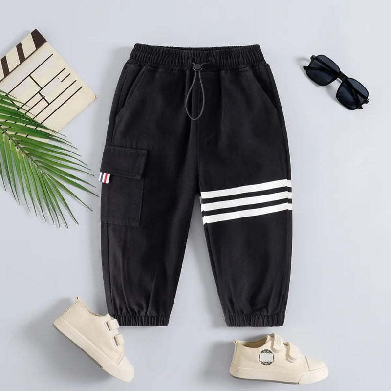 Boys Black Three Stripes Print Cargo Pants Pants Black 1-2 Y