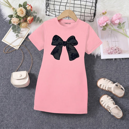 Girls Pink Bow Graphic Short Sleeve T-Shirt Dress Casual Dresses Pink 4-5 Y
