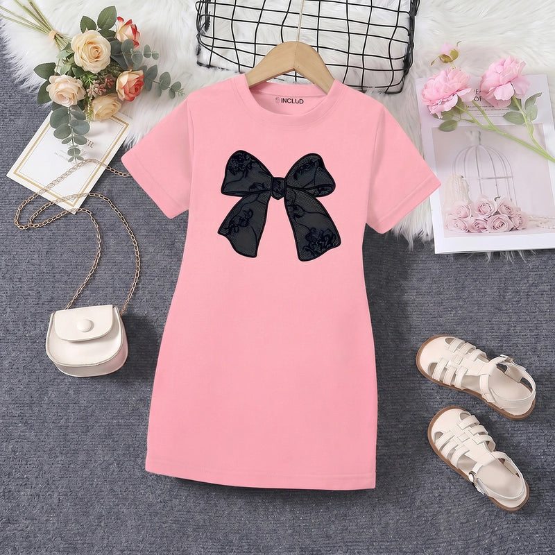 Girls Pink Bow Graphic Short Sleeve T-Shirt Dress Casual Dresses Pink 4-5 Y