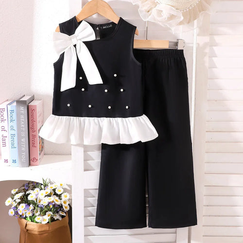 Girls Black Pearl Embellished Sleeveless Peplum Top With Pants Sets 2 pc. Sets Black 3-4 Y