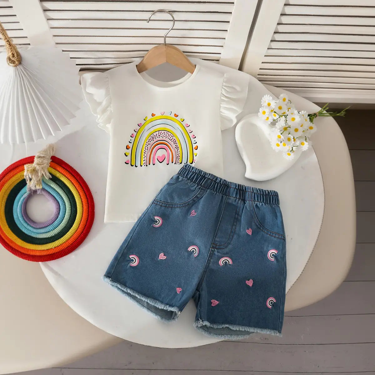 Girls White Graphics Top With Embroidered Denim Short Sets Sets White 2-3 Y