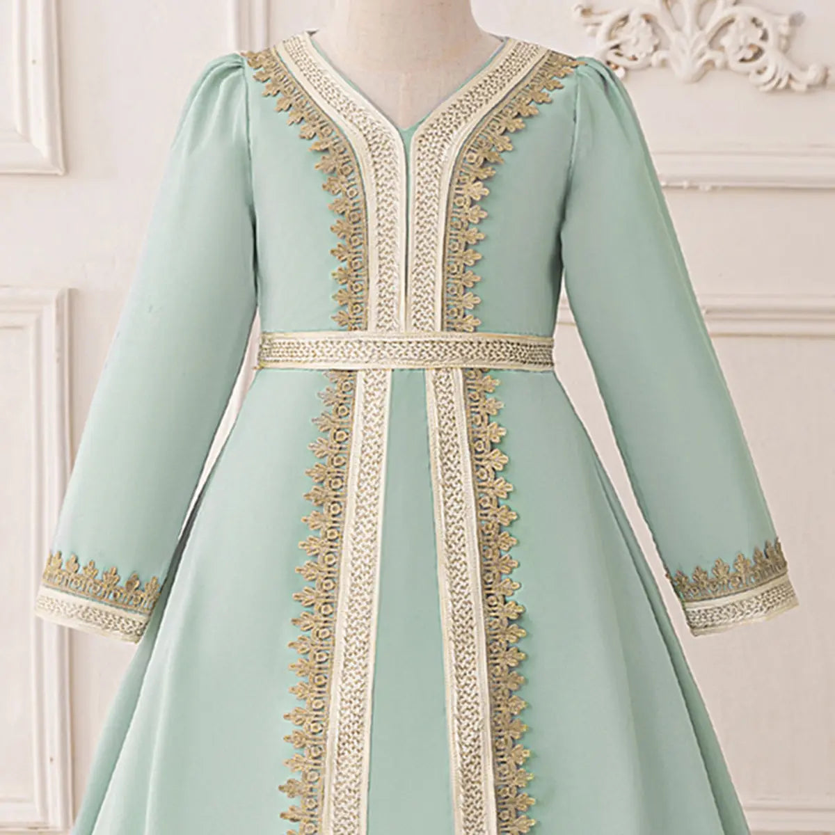 Girls Mint Green Long Sleeves Embroidered Maxi Dress Casual Dresses