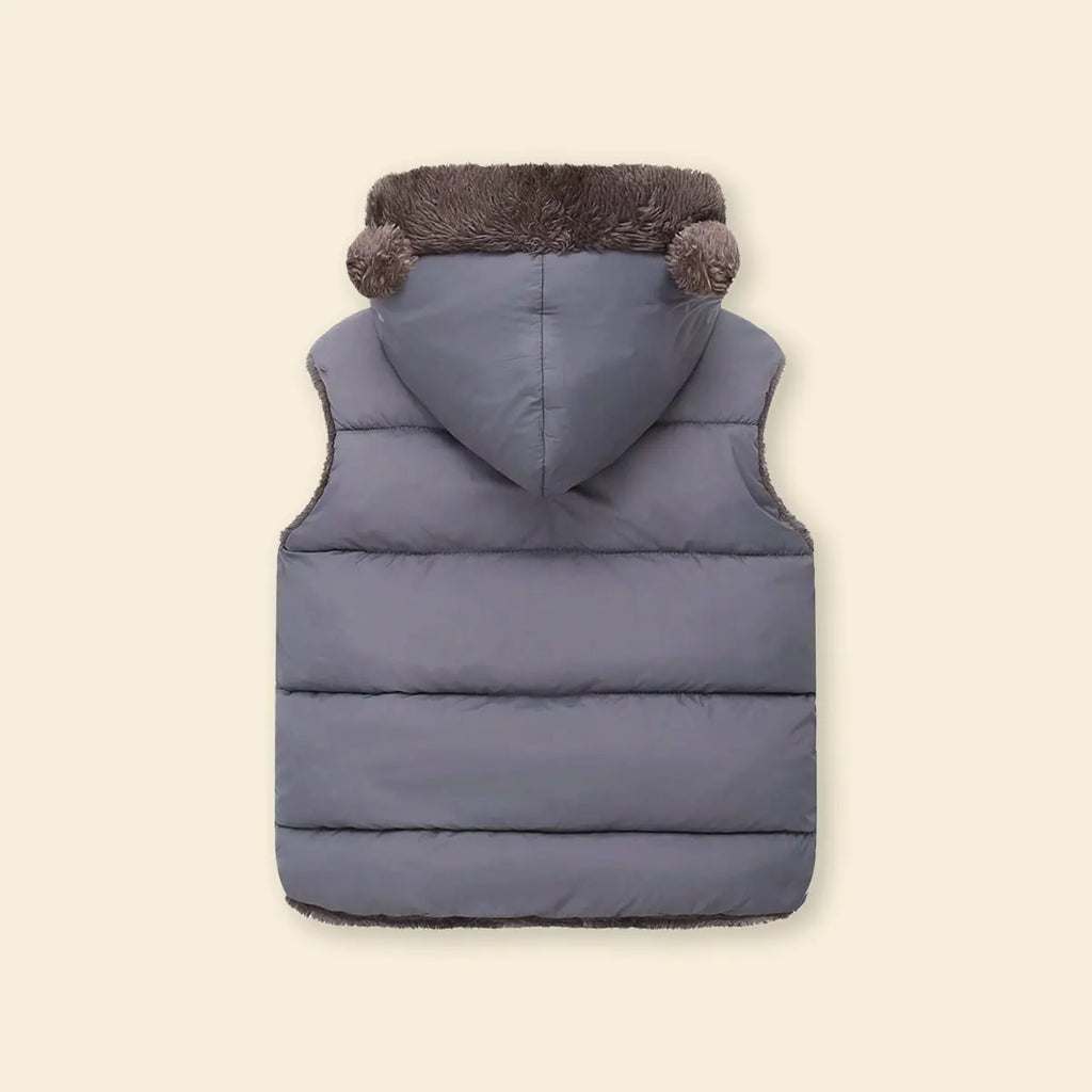 Boys Grey Sleeveless Hooded Puffer Vest With Faux-fur Trim Coats & Jackets