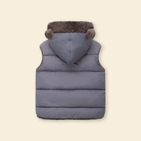 Boys Grey Sleeveless Hooded Puffer Vest With Faux-fur Trim Coats & Jackets