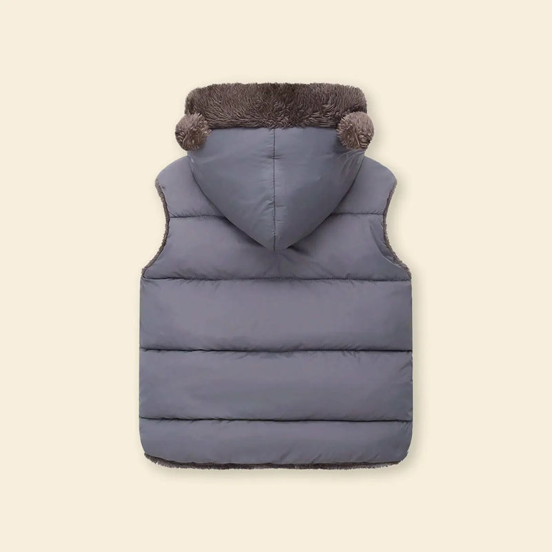 Boys Grey Sleeveless Hooded Puffer Vest With Faux-fur Trim Coats & Jackets