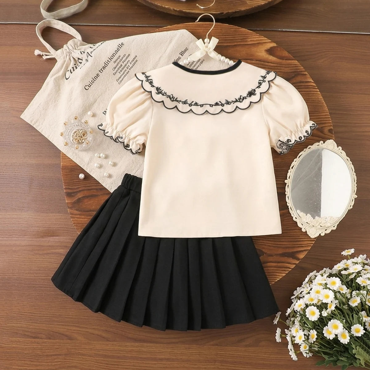 Girls Apricot Embroidered Peter Pan Collar Top With Skirt Sets 2 pc. Sets