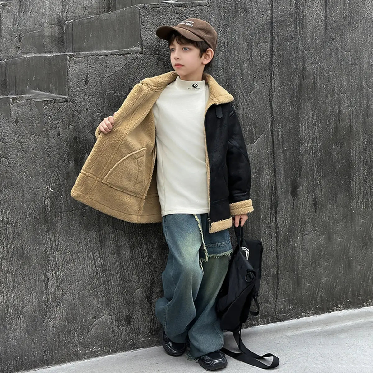 Boys Black Faux Leather Heavy Jacket With Fleece Lining Coats & Jackets