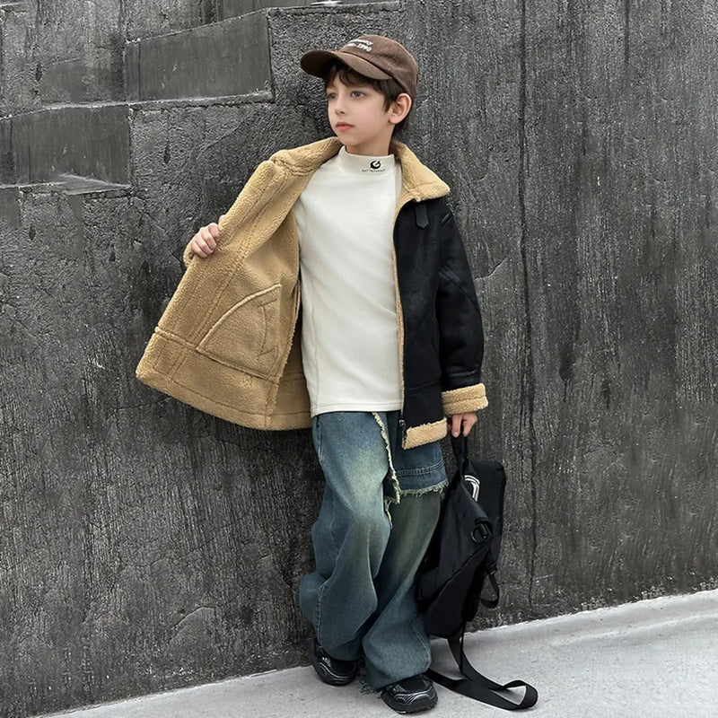 Boys Black Faux Leather Heavy Jacket With Fleece Lining Coats & Jackets