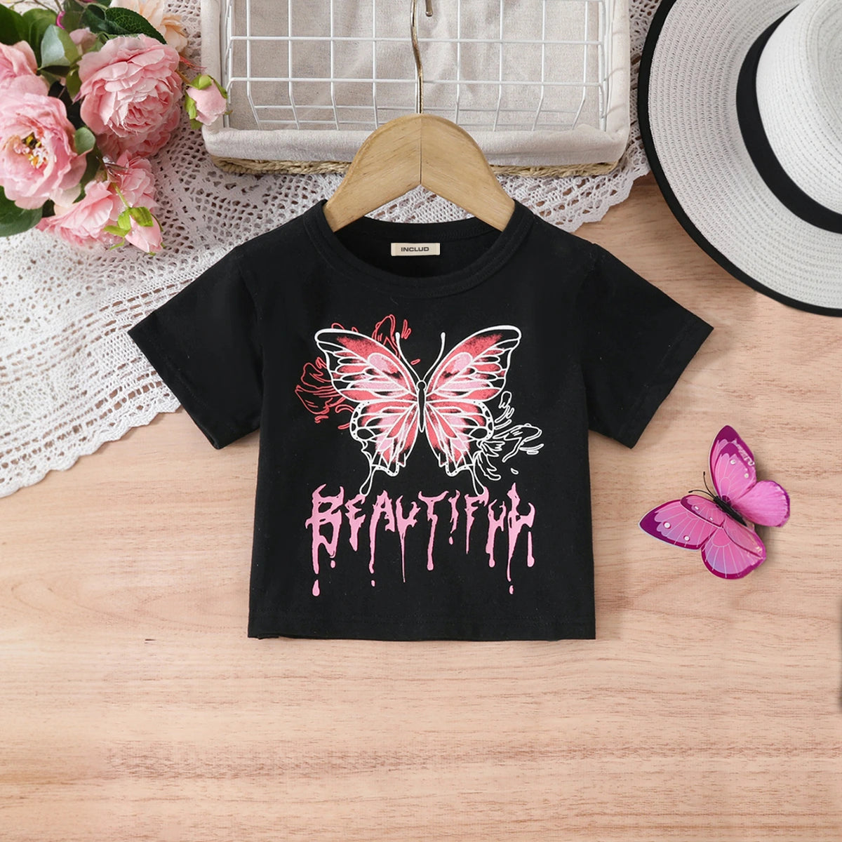 Girls Black Butterfly Printed Short Sleeves T-Shirt With Denim Shorts Set Sets