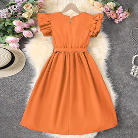 Girls Orange Flutter Sleeves Casual Dress Casual Dresses