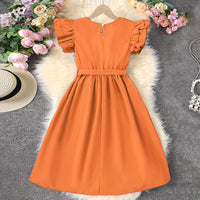 Girls Orange Flutter Sleeves Casual Dress Casual Dresses