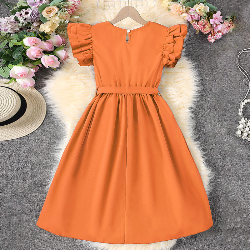 Girls Orange Flutter Sleeves Casual Dress Casual Dresses