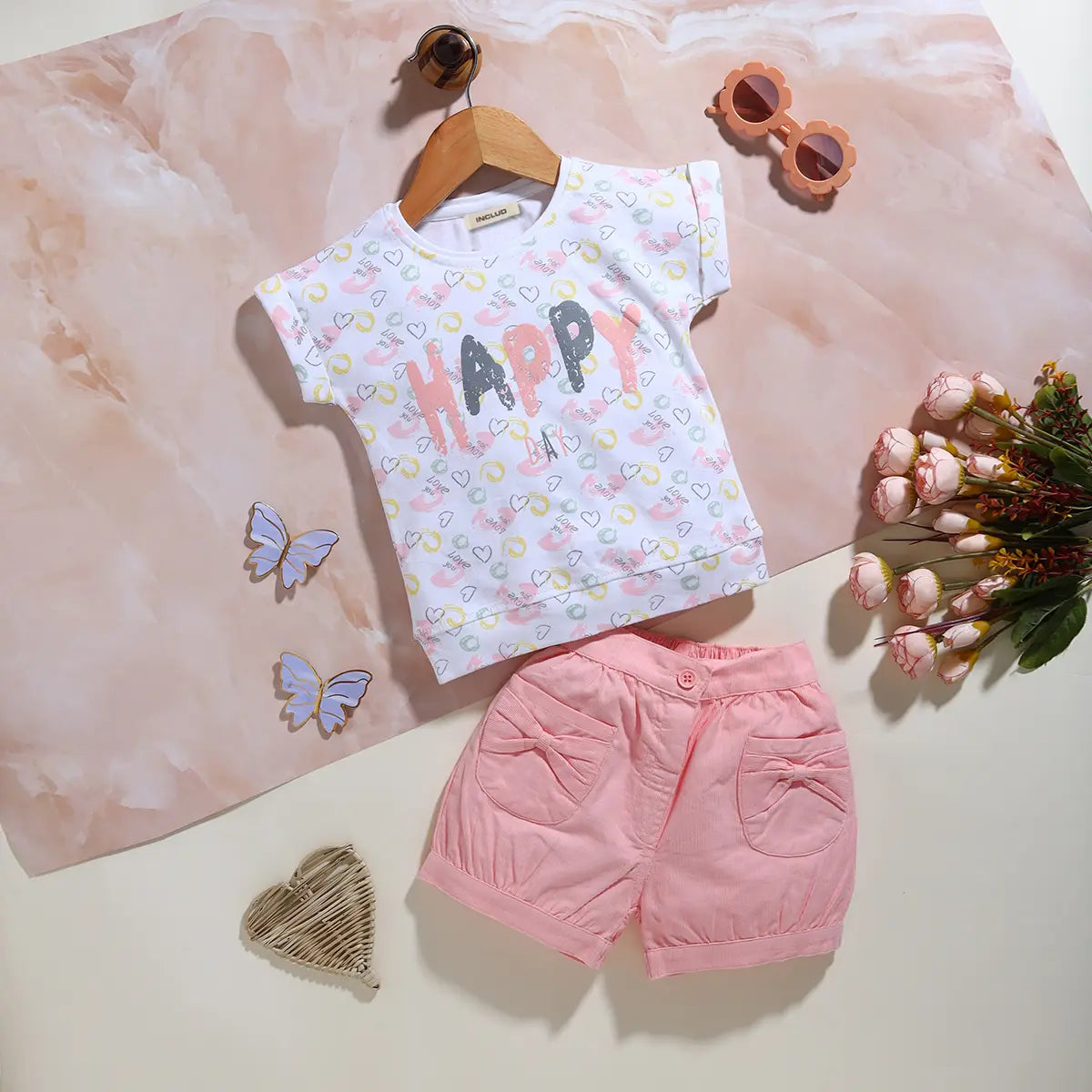 Girls Pink Heart Printed Short Sleeves T-Shirt With Shorts Sets Sets Pink 9-12 M