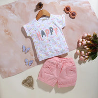 Girls Pink Heart Printed Short Sleeves T-Shirt With Shorts Sets Sets Pink 9-12 M