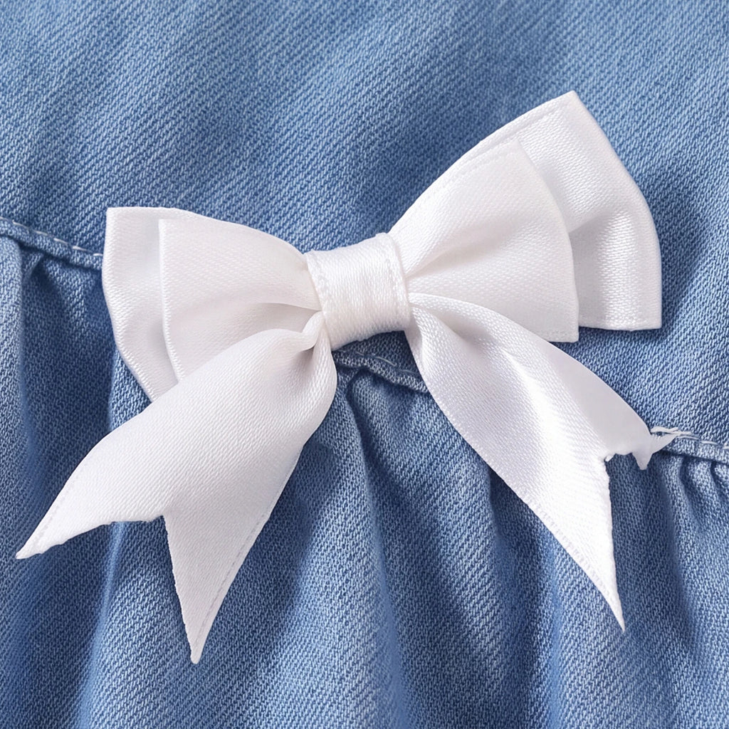 Girls Blue Bow Applique Short Sleeve Denim Dress Casual Dresses