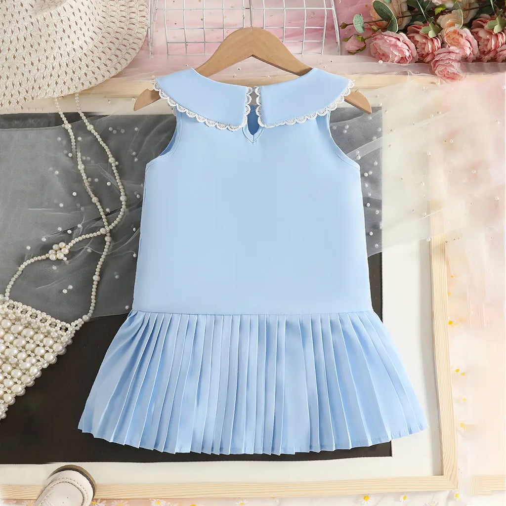 Girls Sky Blue Flowers Applique A-line Dress With Pleated Hem Casual Dresses