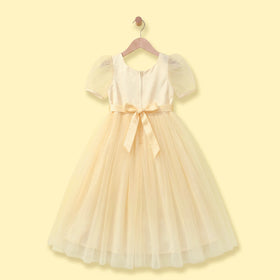 Girls Yellow Floral Applique Puff Sleeve Fit & Flare Party Dress Party Dresses