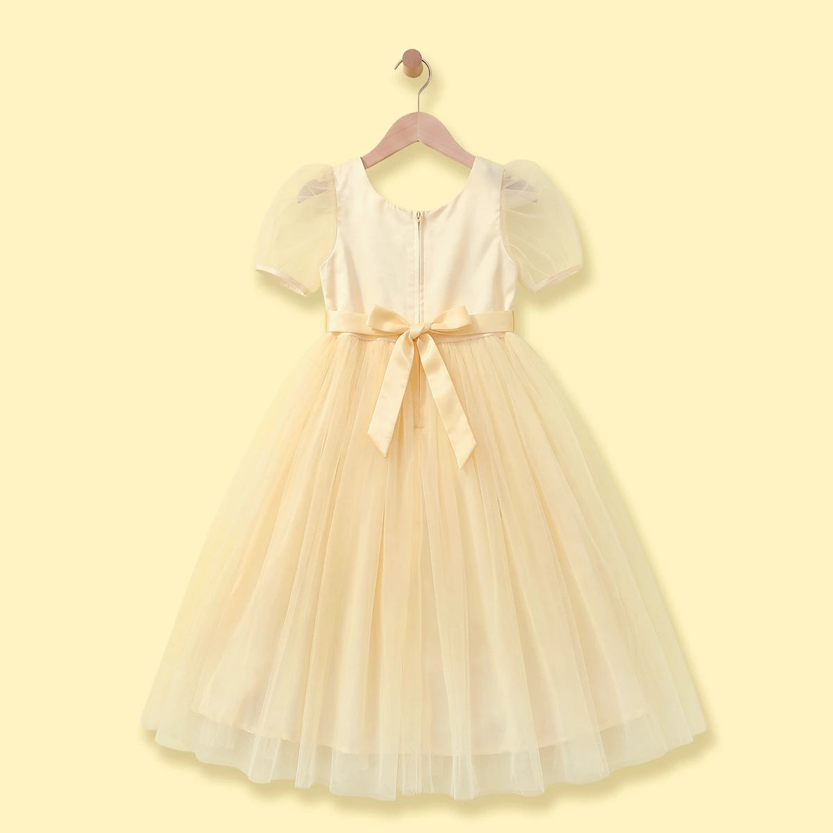 Girls Yellow Floral Applique Puff Sleeve Fit & Flare Party Dress Party Dresses