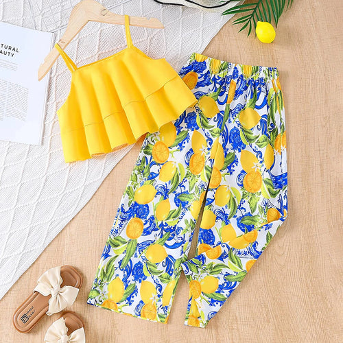 Girls Yellow Sleeveless Ruffled Top With Fruit Print Pants Sets 2 pc. Sets Yellow 3-4 Y