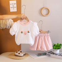 Girls Pink Bunny Embroidered Puff Sleeve Top With Elasticated Shorts Sets Sets Pink 1-2 Y