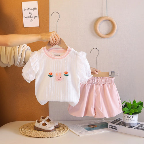 Girls Pink Bunny Embroidered Puff Sleeve Top With Elasticated Shorts Sets Sets Pink 1-2 Y
