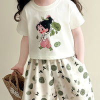 Girls Off White Graphic Print Top With Balloon Pants Sets Sets