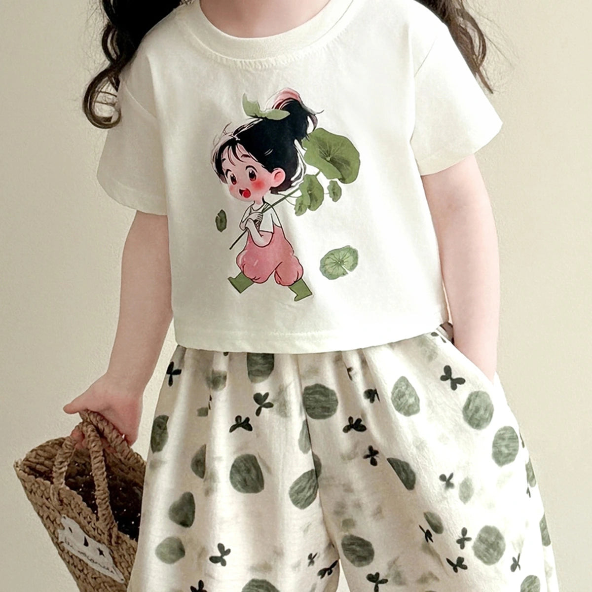 Girls Off White Graphic Print Top With Balloon Pants Sets Sets