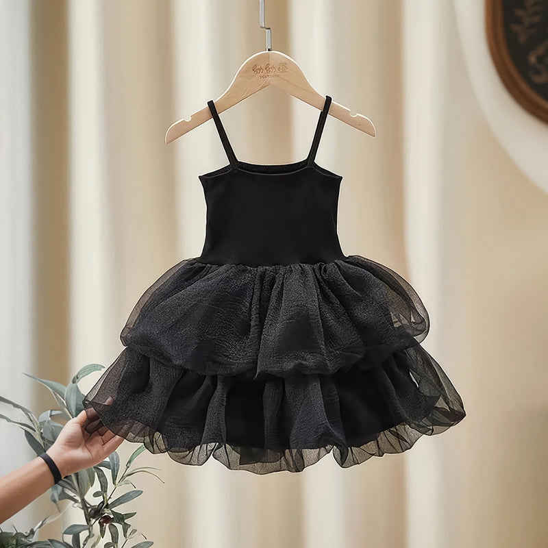 Girls Black Sleeveless Tulle Ruffles Fit & Flare Dress Casual Dresses Black 1-2 Y