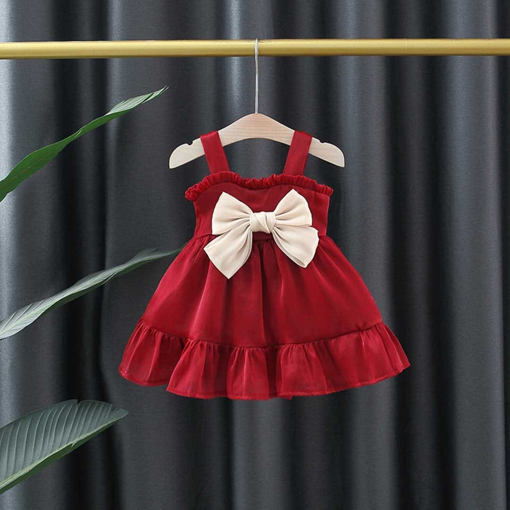 Girls Red Gathered Party Dress with Statement Bow Party Dresses Red 1-2 Y 