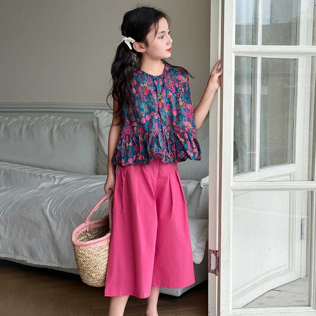 Girls Sleeveless Floral Print Top With Pants Set Sets   