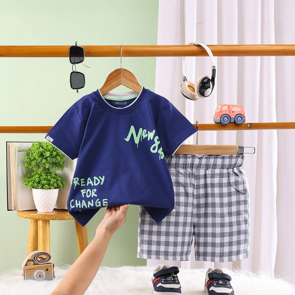 Boys Navy Blue Typographic Short Sleeve T-Shirt With Checked Shorts Sets Sets Navy Blue 6-12 M
