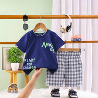 Boys Navy Blue Typographic Short Sleeve T-Shirt With Checked Shorts Sets Sets Navy Blue 6-12 M