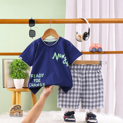 Boys Navy Blue Typographic Short Sleeve T-Shirt With Checked Shorts Sets Sets Navy Blue 6-12 M