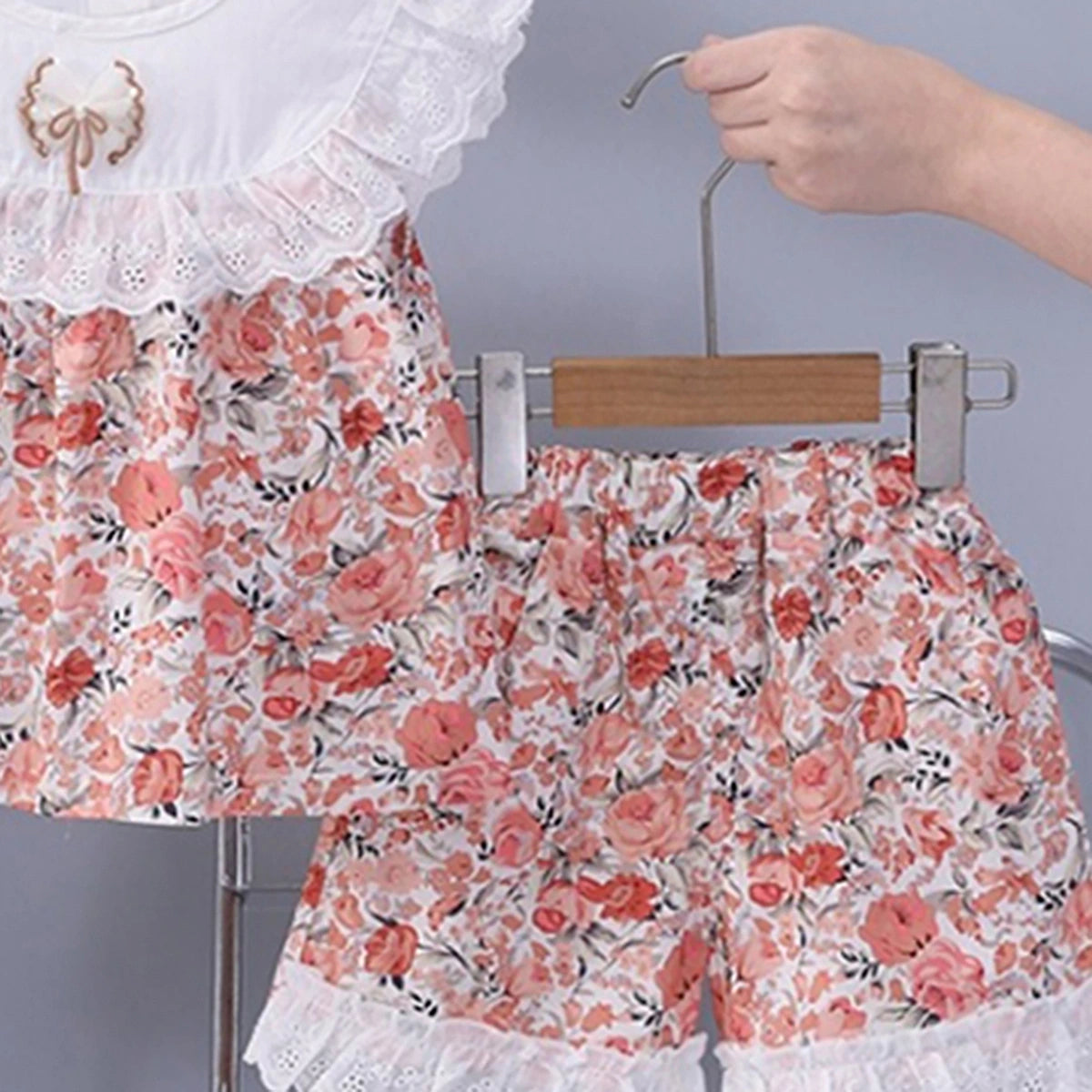 Girls Coral Floral Printed Eyelet Ruffle Top With Elasticated Shorts Sets 2 pc. Sets