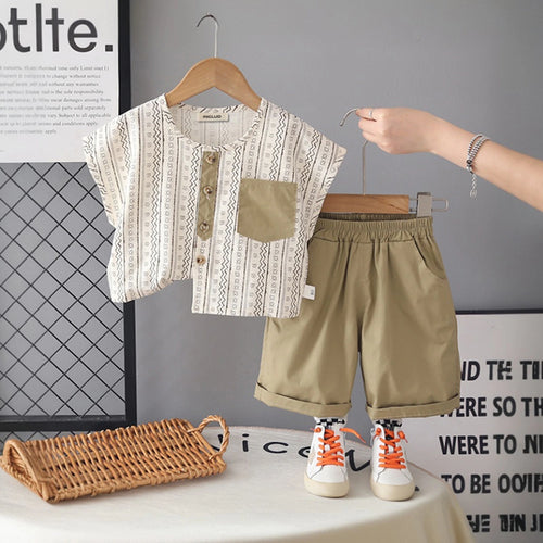 Boys Geometric Pattern Collarless Shirt With Khaki Shorts Set Sets Khaki 1-2 Y