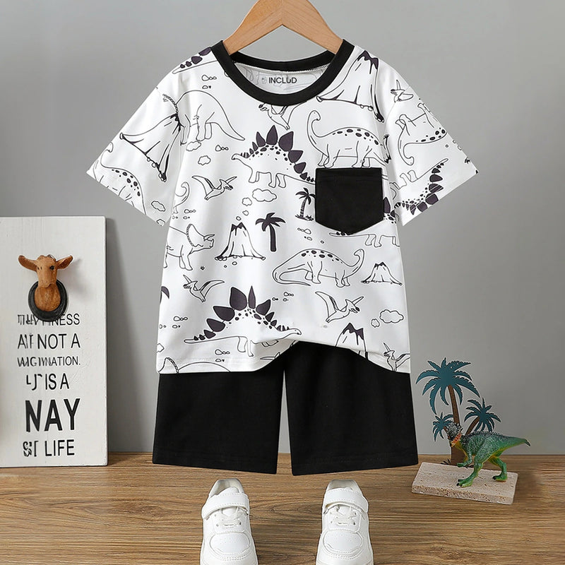 Boys White Dinosaur Print Short Sleeves T-Shirt With Shorts Set Sets White 3-4 Y