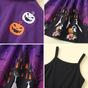 Girls Purple Halloween Pumpkin Print Dress with Hooded Cape Casual Dresses