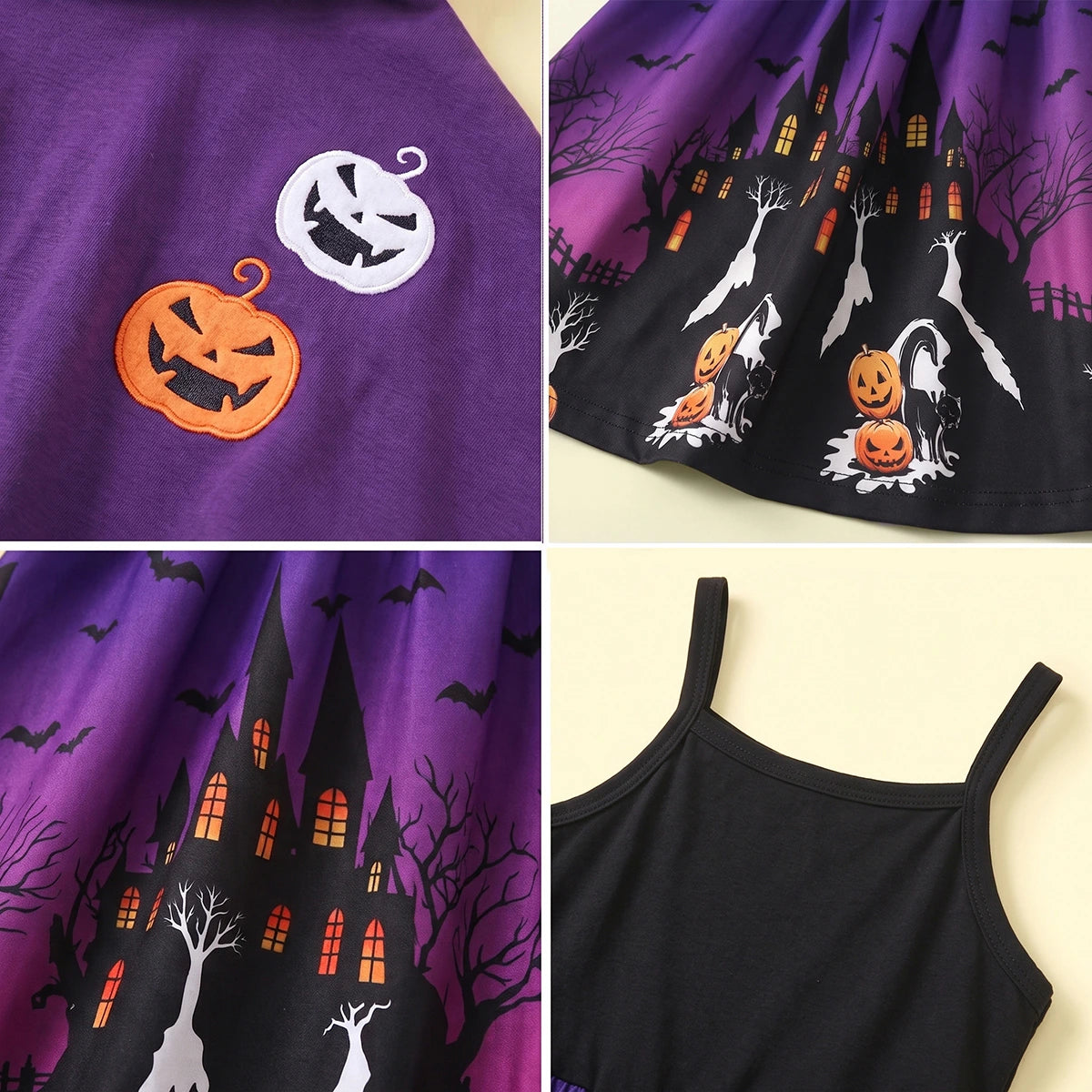 Girls Purple Halloween Pumpkin Print Dress with Hooded Cape Casual Dresses