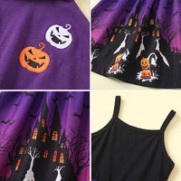 Girls Purple Halloween Pumpkin Print Dress with Hooded Cape Casual Dresses