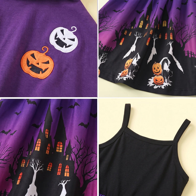 Girls Purple Halloween Pumpkin Print Dress with Hooded Cape Casual Dresses