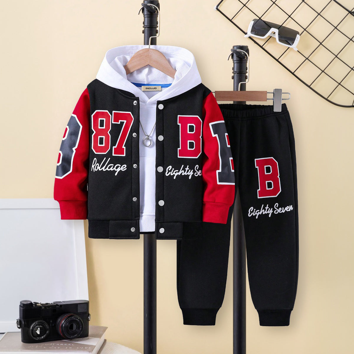 Boys Black-Red Varsity Jacket with Joggers Set Sets Black 3-4 Y