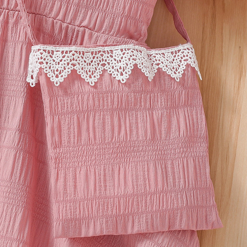 Girls Pink Textured Puff Sleeve Fit & Flare Dress Casual Dresses