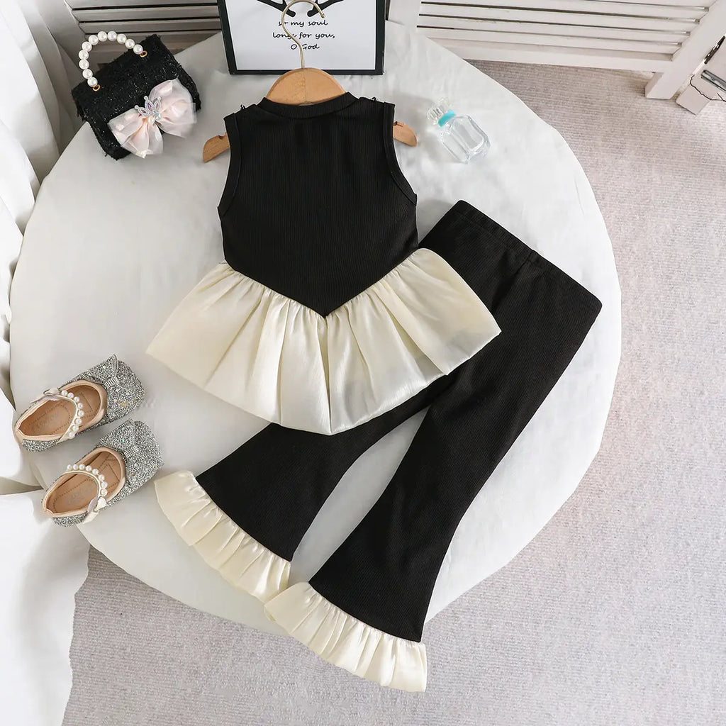 Girls Black Sleeveless Bow Applique Frill Top With Ribbed Pants Sets 2 pc. Sets
