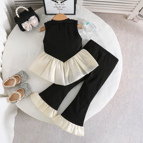 Girls Black Sleeveless Bow Applique Frill Top With Ribbed Pants Sets 2 pc. Sets